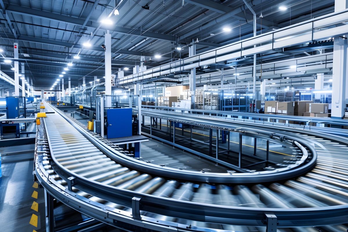 Expansive View of Automated Packaging Facility with Conveyor Bel This image showcases an expansive and technologically advanced automated packaging facility Rows of conveyor belts are in motion,efficiently transporting and sorting products that are being neatly